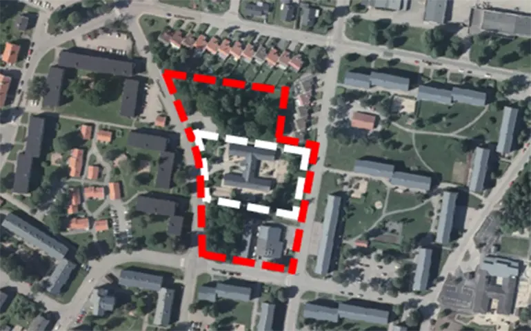 Inzoomad kartbild som visar var planområdet för Värmen 1 med flera. Röda och vita markeringar är uppritade runt planområdet.