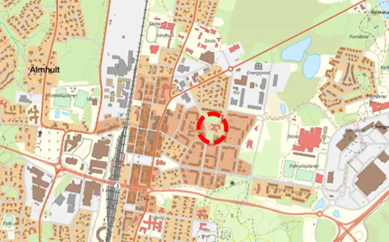 Karta över Älmhult med en röd markering som visar var planområdet är