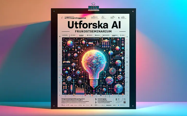 En AI-bild med ett uppsatt vitt papper med rosa-blå bakgrund. På det vita pappret står det "Utforska AI" samt är en stor bild på en rosablå glödlampa.