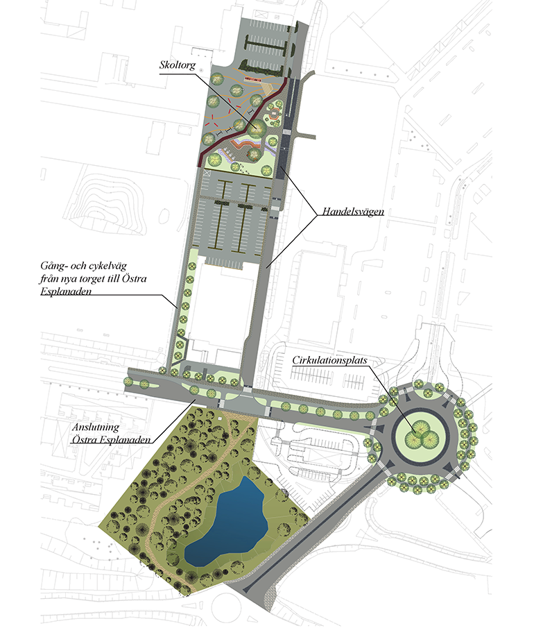 Illustrerad karta med utmarkerade platser: Skoltorg, Handelsvägen, gång- oc cykelväg från nya torget till Östra Esplanaden, cirkulationsplats och anslutning Östra Esplanaden.