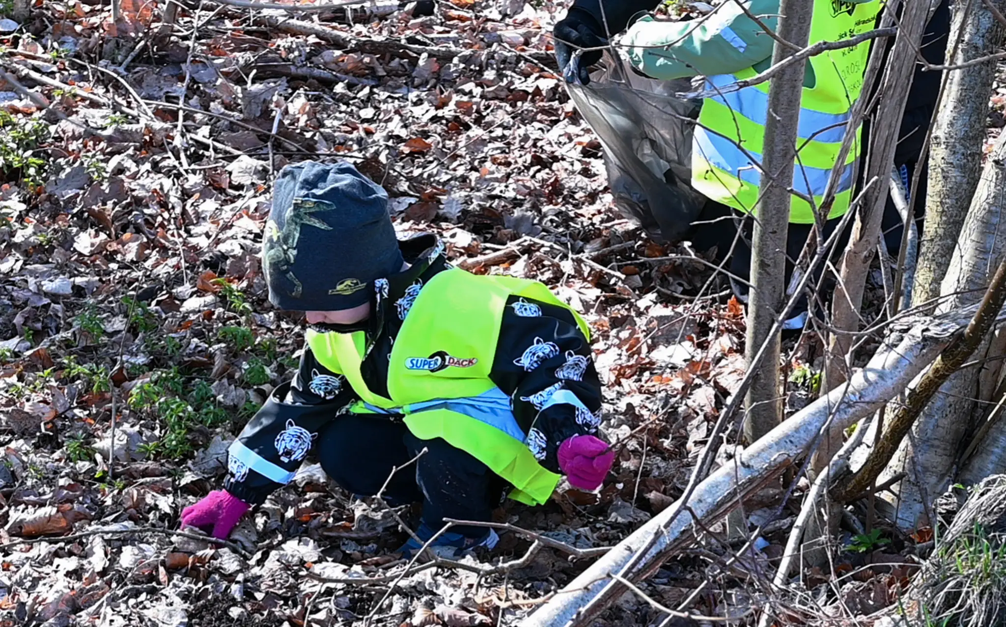 Barn plockar skräp i skogen.