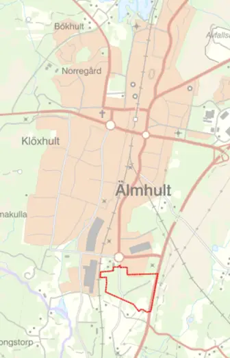 En karta över Älmhult där planområdet är utmarkerat.