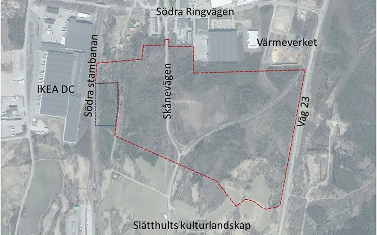 Planområdet för Froafälle 12:1 m.fl., samt område där detaljplan för gamla slätthultsvägen upphävs visas på en karta.