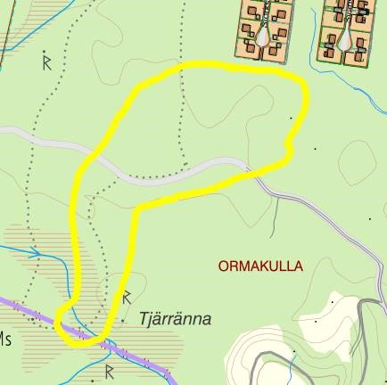 Skiss över skogsområdet nära Skånerundan och vägen mot Gränsholmen.