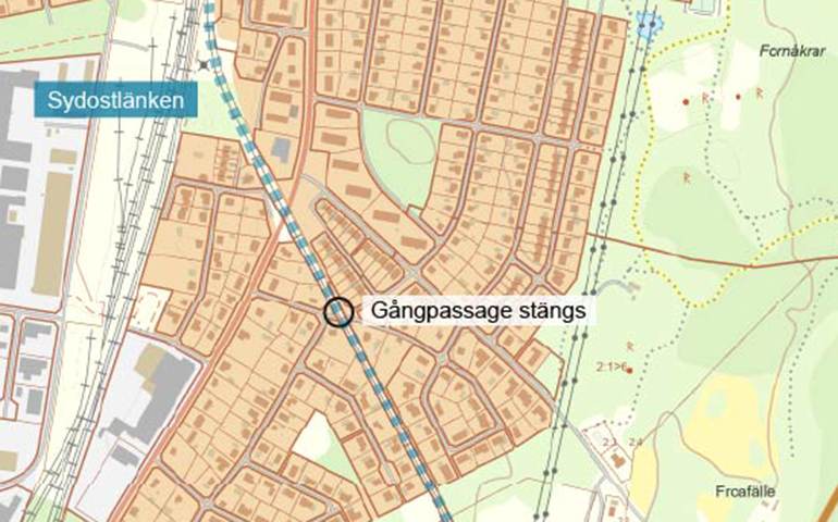 Korsningen mellan Västra Gölshultsvägen och Östra Gölshultsvägen, där Sydostlänken passerar, är utmarkerad.