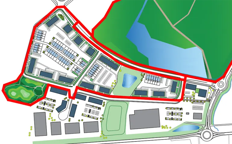 Illustration över planområdet Norra Ringvägen verksamhetsområde och vena bostadsområde. Övre delen är inringat i rött och visar bostadsområdet