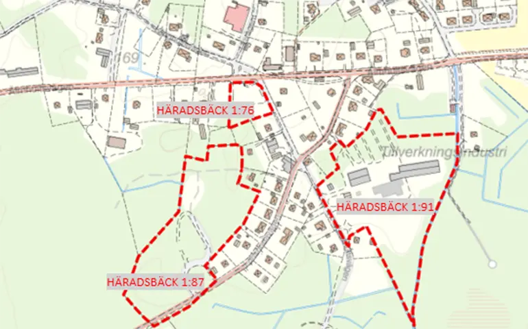 En karta som visar planområdenaför Häradsbäck 1:91 m.fl.. Planområdena är streckade i rött,