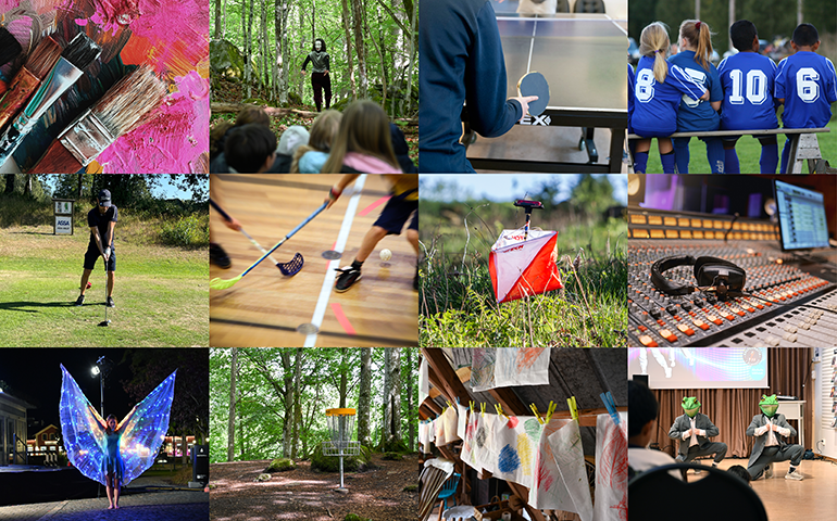 Ett kollage av bilder: penslar med rosa färg, en kvinna med teatermask, ett pingisrack, barn i fotbollskläder, en man som spelar golf, innebandyklubbor, en orienteringskontroll, ett mixerbord, en kvinna med LED-vingar, en discgolfkorg, målade teckningar och två dansande grodor.