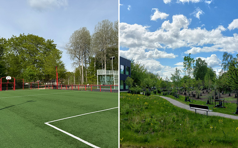 Tvådelad bild som visar multiarena i Liatorp och grönområdet vid Sunnerbogatan i Älmhult