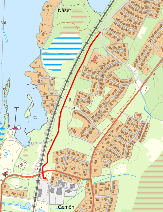 Gång- och cykelväg markerad på en karta.