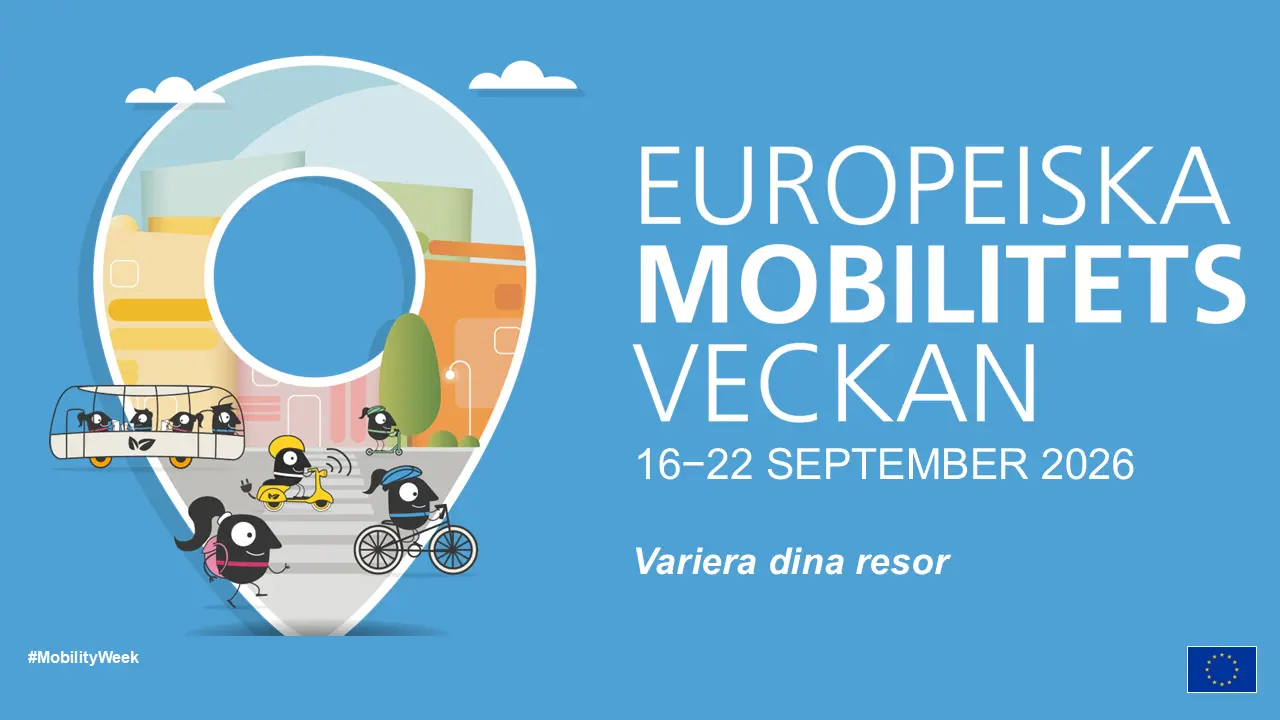 Logotyp för Europeiska mobilitetsveckan. Illustrationer som visar olika sätt att ta sig fram på och en text som säger "Europeiska mobilitetsveckan 16-22 september 2026, variera dina resor".