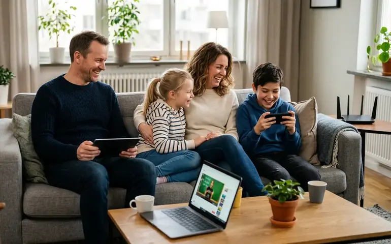 en familj med två vuxna och två barn sitter i soffan och kollar på en mobil som ena barnet har i handen. Mannen sitter med en surfplatta i sina händer och en dator står på vardagsrumsbordet.