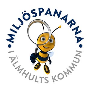 Logotyp för Miljöspanarna med ett bi som håller ett förstoringglas